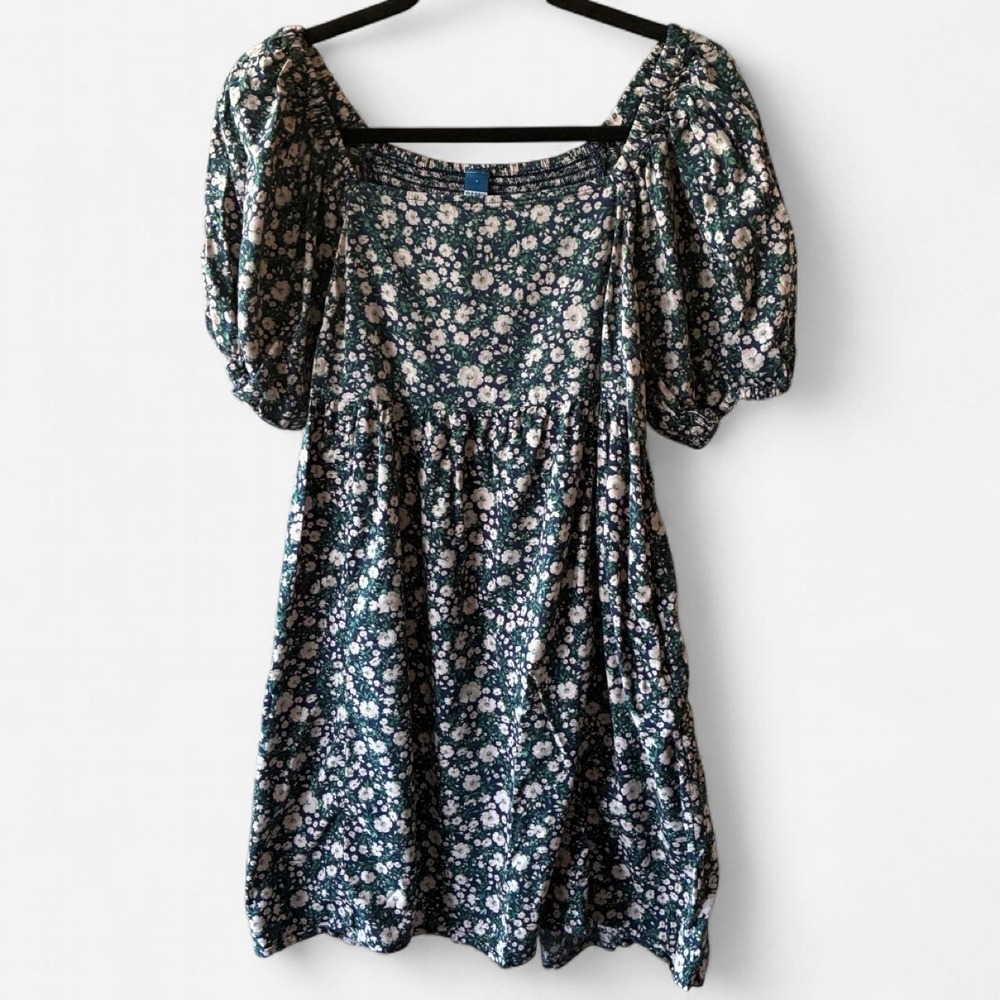 Baby doll navy blue green floral dress Sz S w/ puff sleeves & smocked bodice